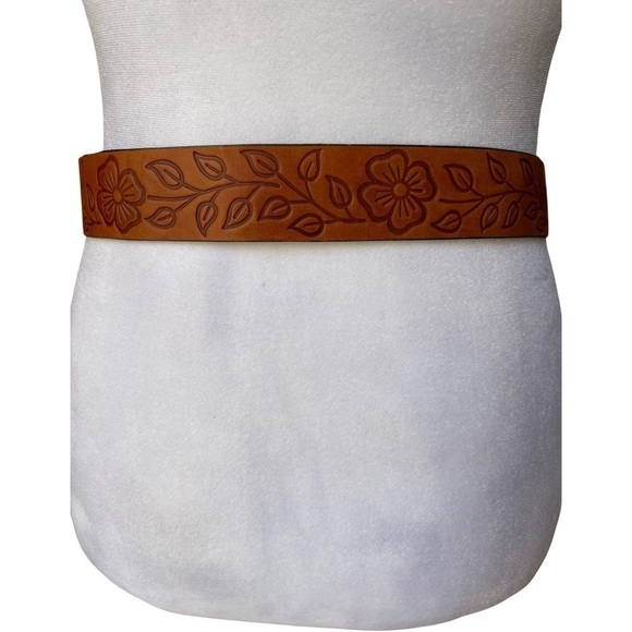 Women's Orange Floral Tooled Leather Belt - Picture 3 of 7